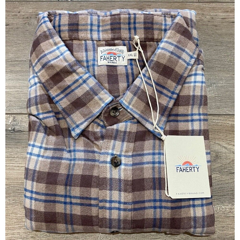 Faherty Movement Flannel Mens XXL Plaid Long Sleeve Lightweight Beige Shirt